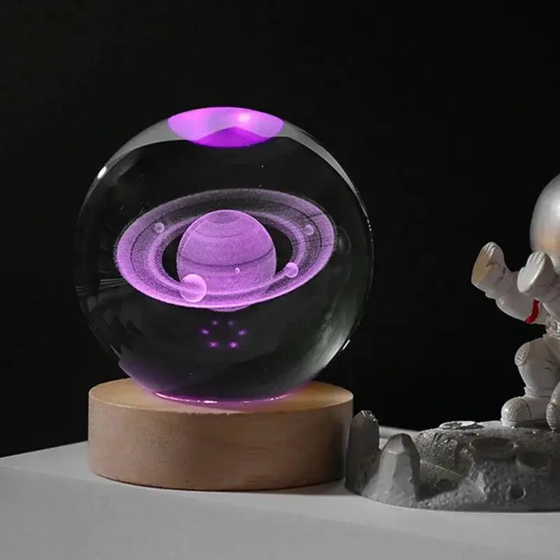Simples Market 3D crystal ball night light globe with purple laser-engraved solar system on wood base
