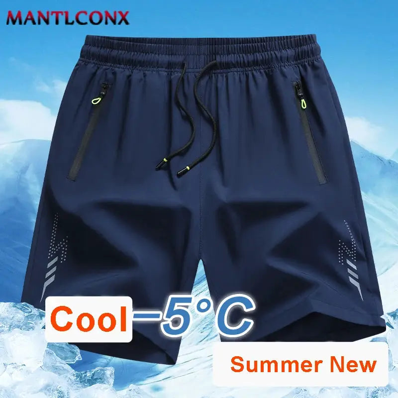 Men's navy shorts with drawstring, neon zipper pockets, breathable quick-dry fabric; MANTLCONX logo