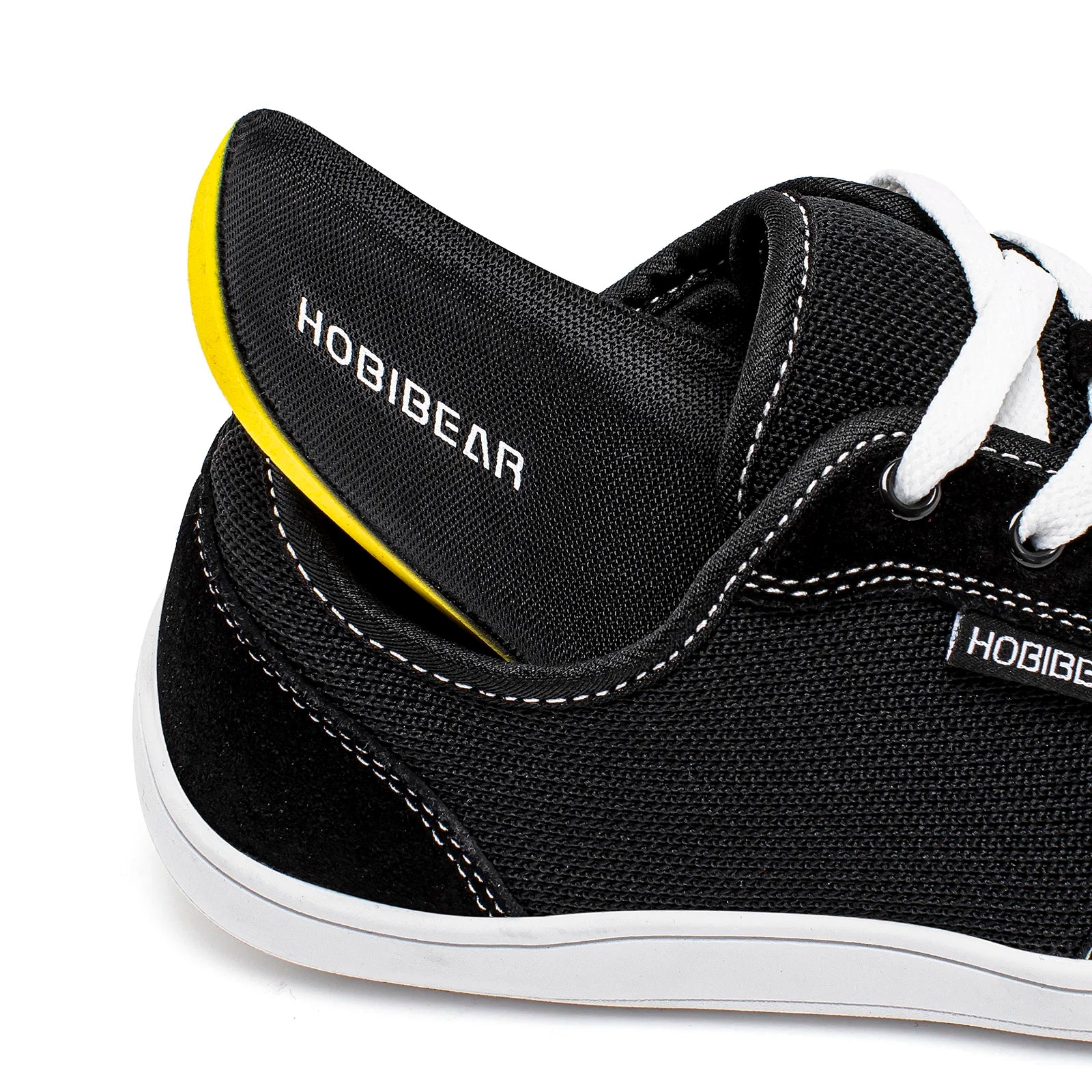 HOBIBEAR barefoot sneaker; black mesh upper, white laces, yellow sole trim, visible logo