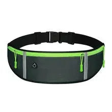 Outdoor running waist bag by Simples Market; black with gray front panel and neon green zippers, three pockets.