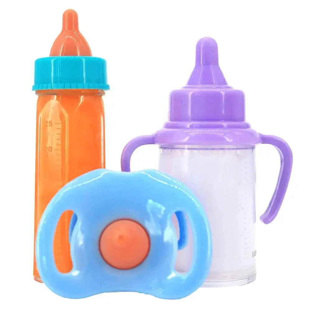 Two Piece Baby Doll Feeding Bottle Set With Milk And Juice Bottles And Pacifier For Dolls