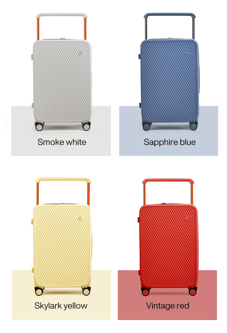 Simples Market Mixi wide-handle hardside luggage in 4 colors: Smoke white, Sapphire blue, Skylark yellow, Vintage red.