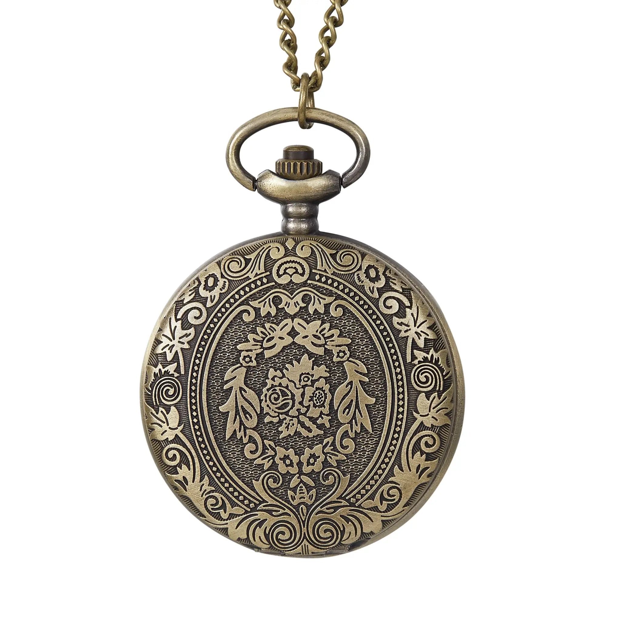 HeritageTime Carved Flip Cover Pocket Watch Necklace Quartz Movement Unisex Gift For Men And Women