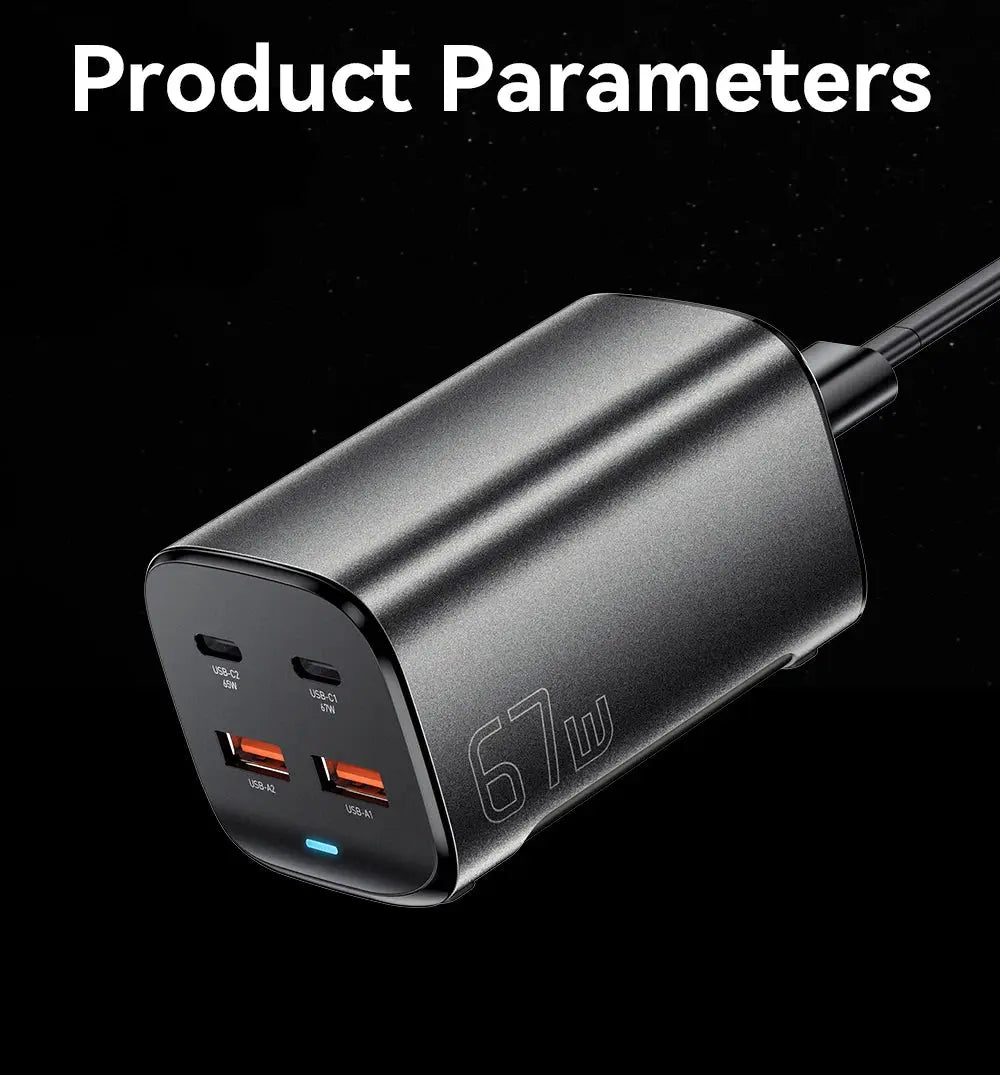 Essager 67W USB-C GaN desktop charger with two USB-C and two USB-A ports in metallic gray