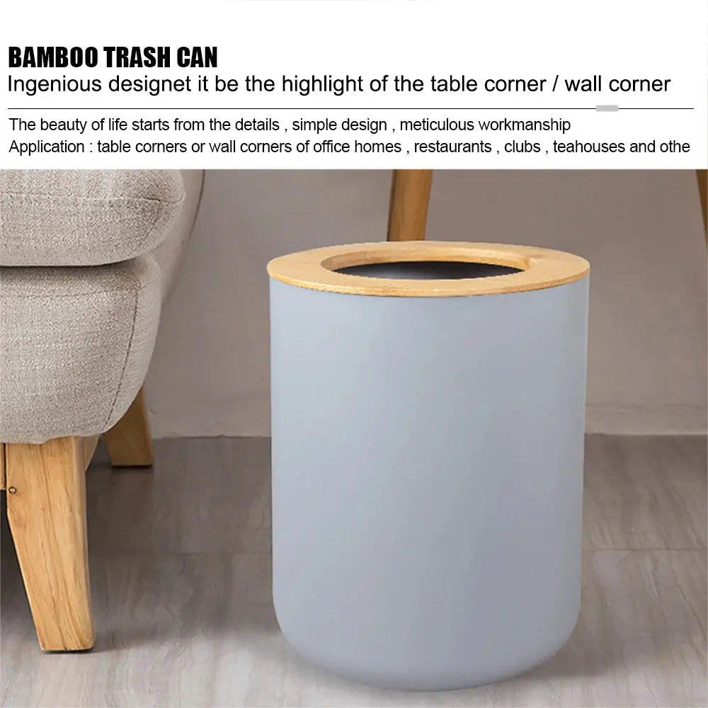 Bamboo trash can with wooden rim, gray cylindrical bathroom storage bin