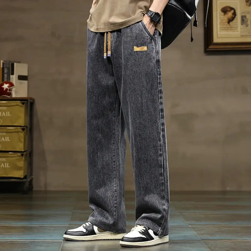 Mens Blue Gray Y2K Harajuku Baggy Jeans With Drawstring Denim