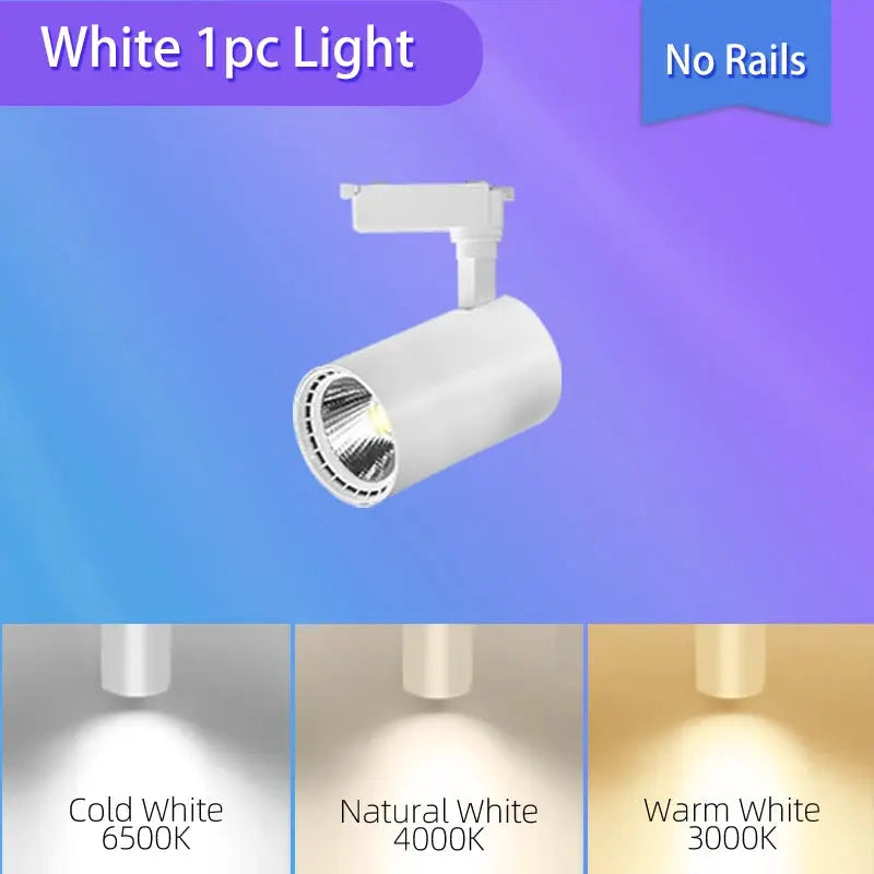 LED track light spotlight, white cylindrical head with rail adapter, 220V; color temps 6500K/4000K/3000K