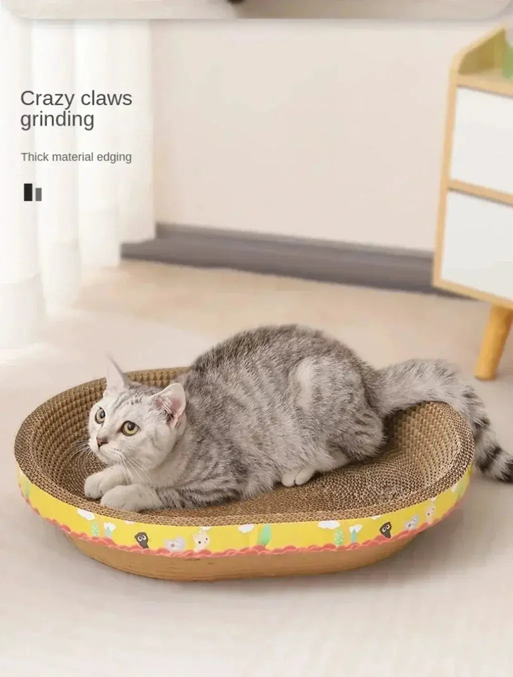 Cat scratching board nest, oval corrugated cardboard with a yellow patterned rim, Simples Market