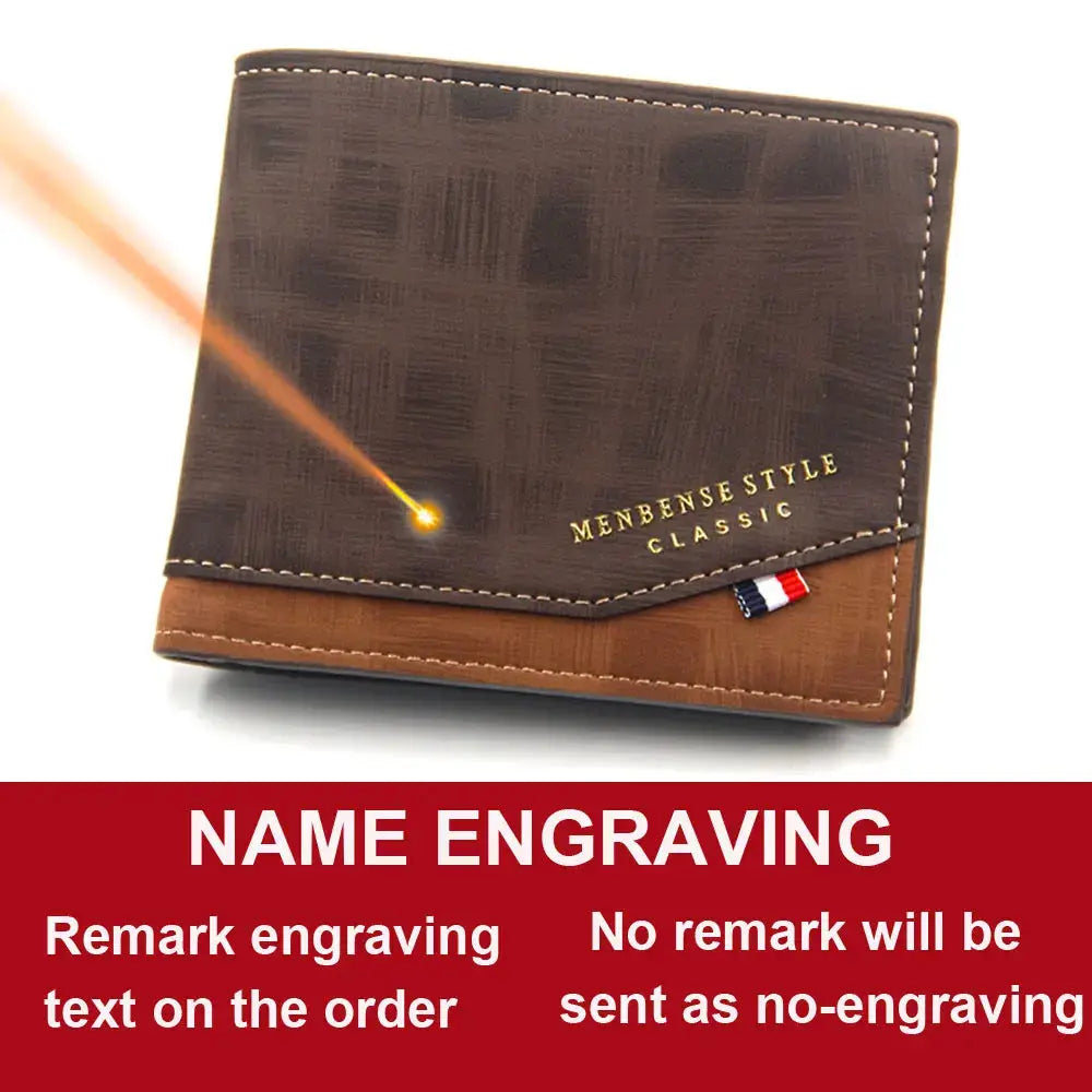 Men's slim brown frosted leather wallet with a tan lower panel, white stitching, and a small tricolor flag tag.