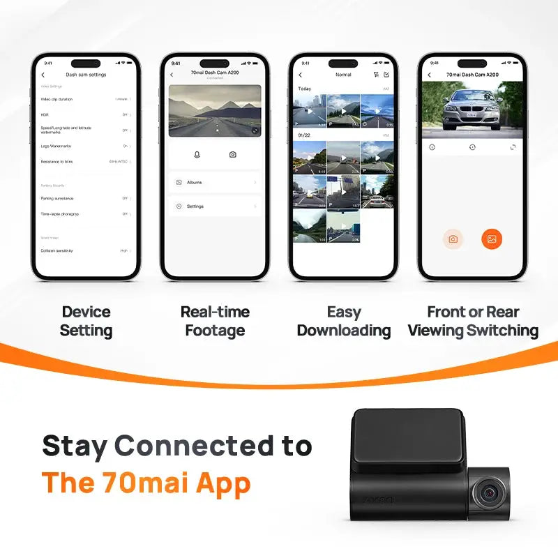 70mai A200 dash cam, dual-channel 1080P HDR, 2-inch IPS screen, 130° FOV, WIFI app