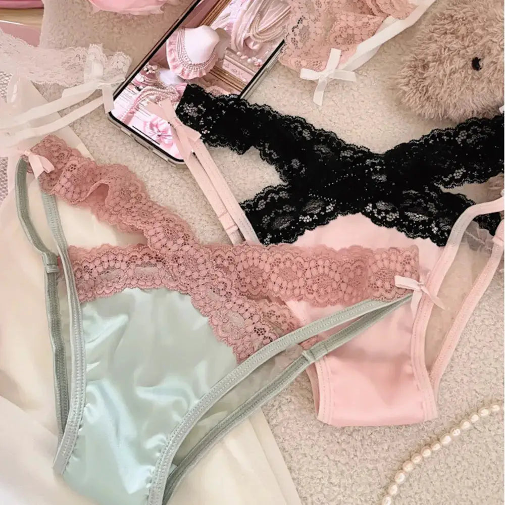 Cross belt lace panties set of three in pink, black and mint green; floral mesh lace with bow accents