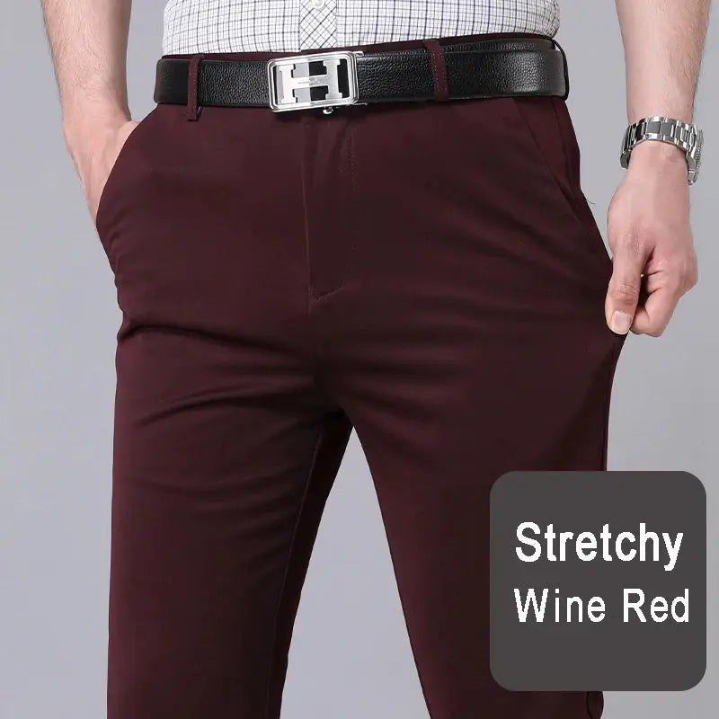 Men's stretch wine red straight leg trousers, smart casual burgundy office pants with a black belt