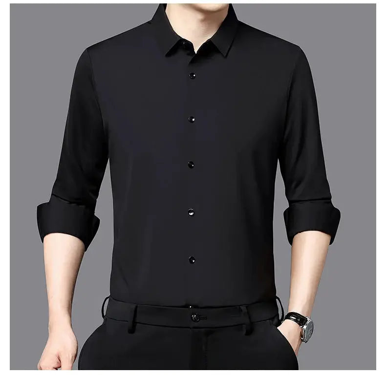 Simples Market Premium Men's Ultra-Stretch Black Silky Formal Long-Sleeve Shirt