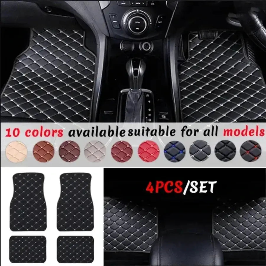 Car floor mats 4PCS universal PU leather waterproof front and rear set by Simples Market, quilted diamond pattern in black