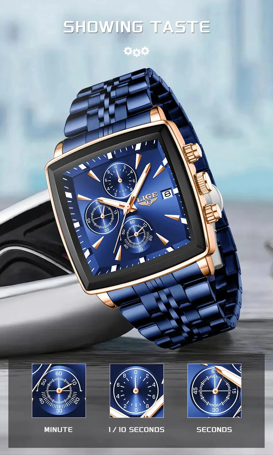 Relogio Masculino LIGE blue square stainless steel watch with gold-tone case and blue bracelet