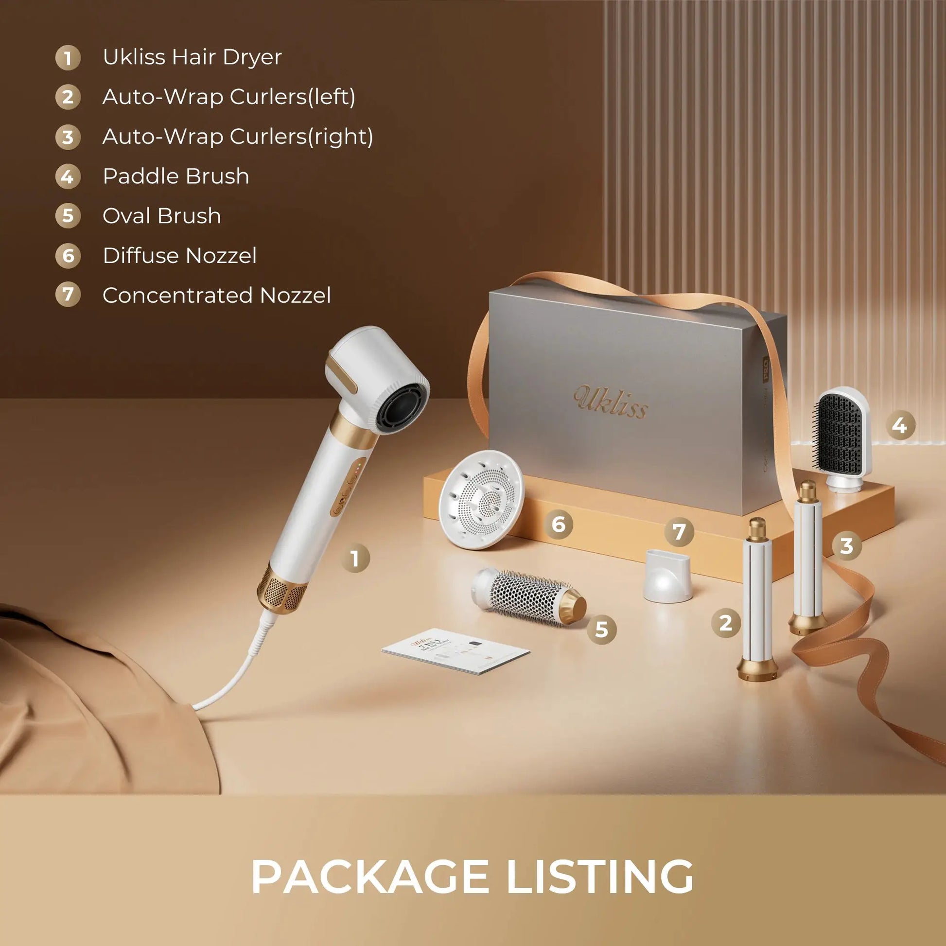 7-in-1 hair dryer brush set in white and gold with diffuser and attachments, Ukiss packaging