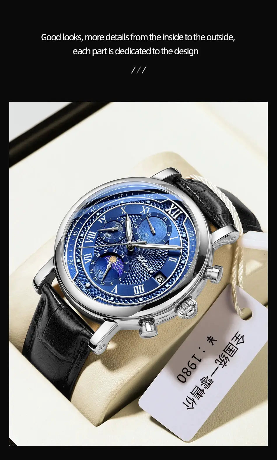 Simples Market Chenxi 976 leather chronograph watch with blue dial and black strap