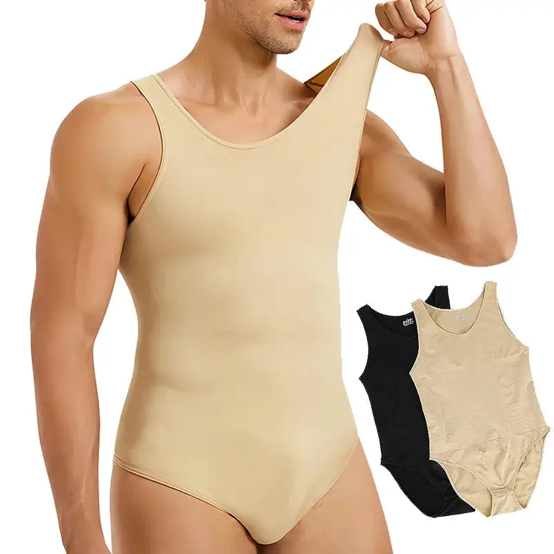 Men's shapewear bodysuit by Simples Market with tummy control, beige, sleeveless full-body shaper; set includes black.