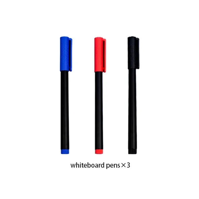Three whiteboard pens with blue, red and black caps.