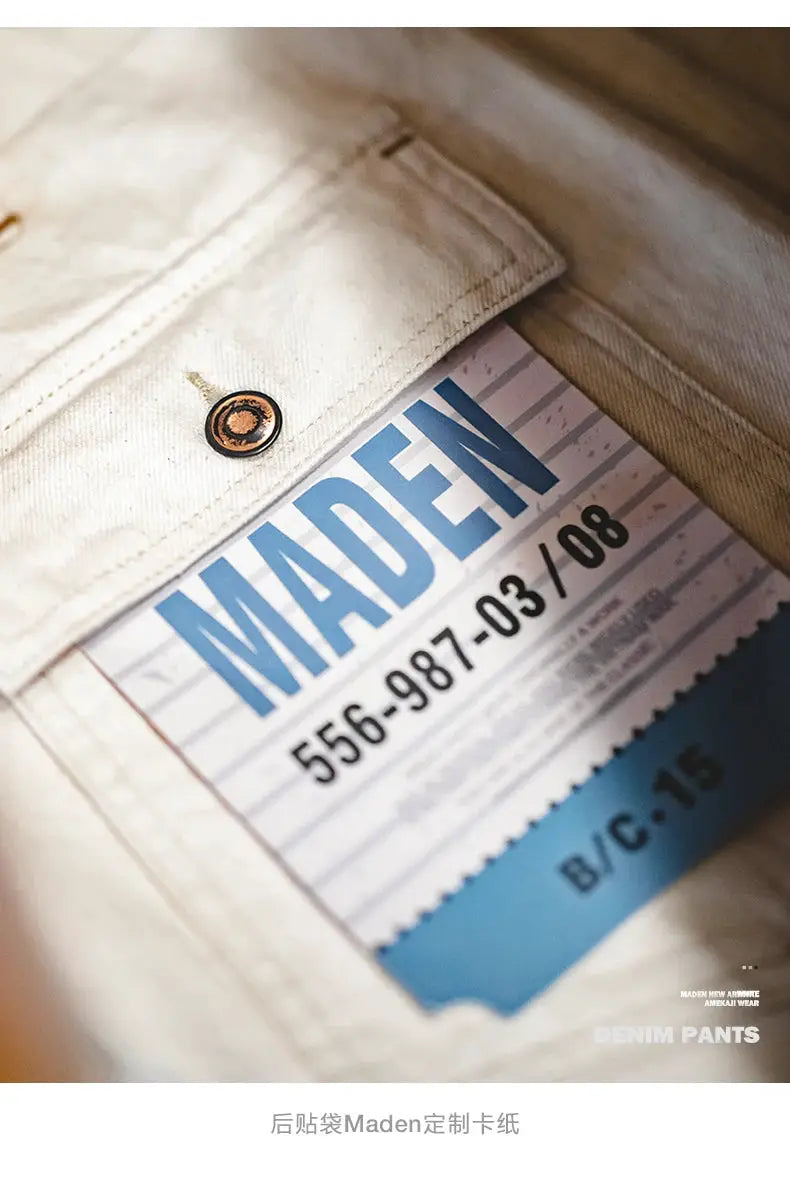Maden Vintage 11.2oz white cottonseed hull jeans; loose straight-fit men's chinos with blue MADE tag
