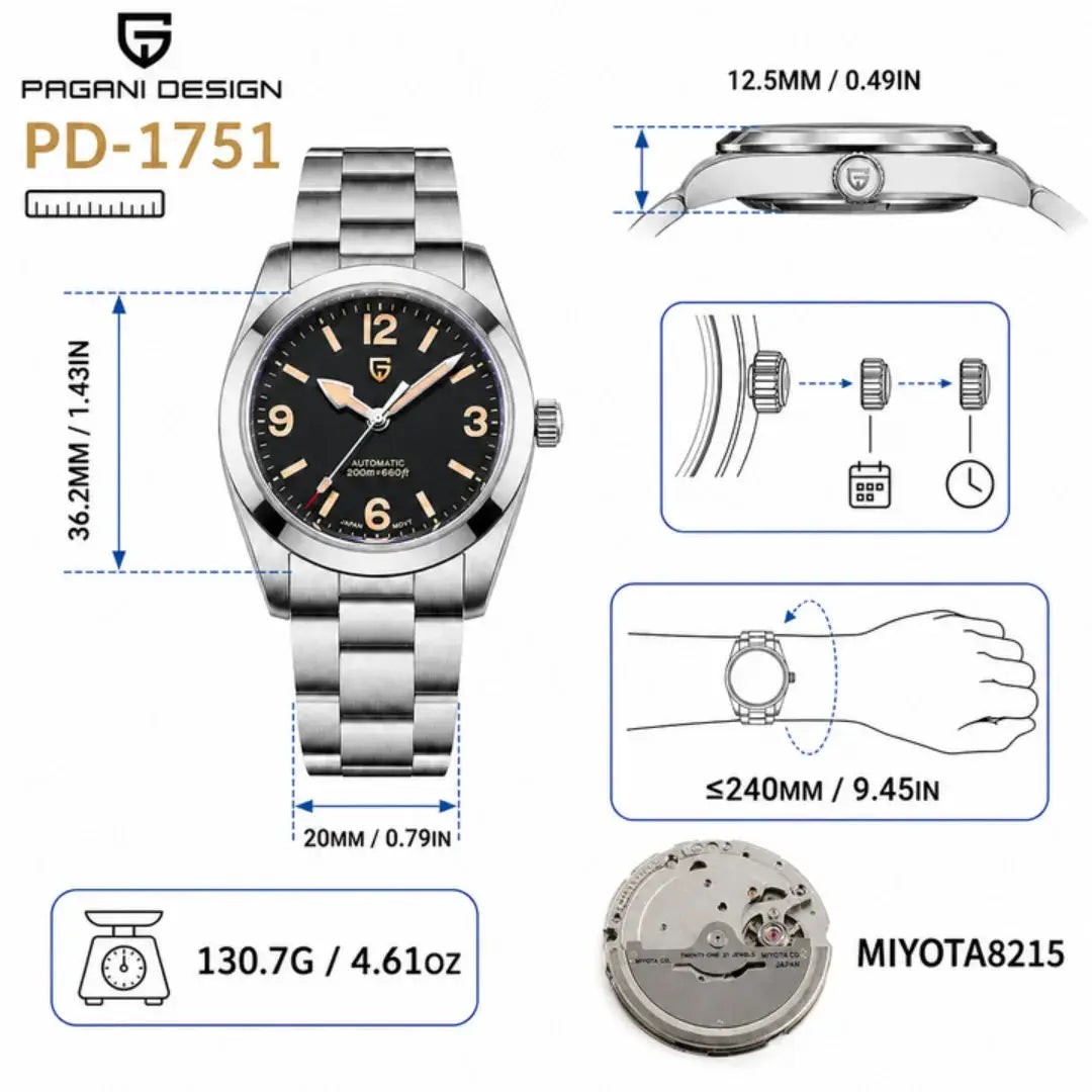 Pagani Design PD-1751 men's stainless steel automatic watch with black dial, sapphire AR coating, 20Bar water resistant
