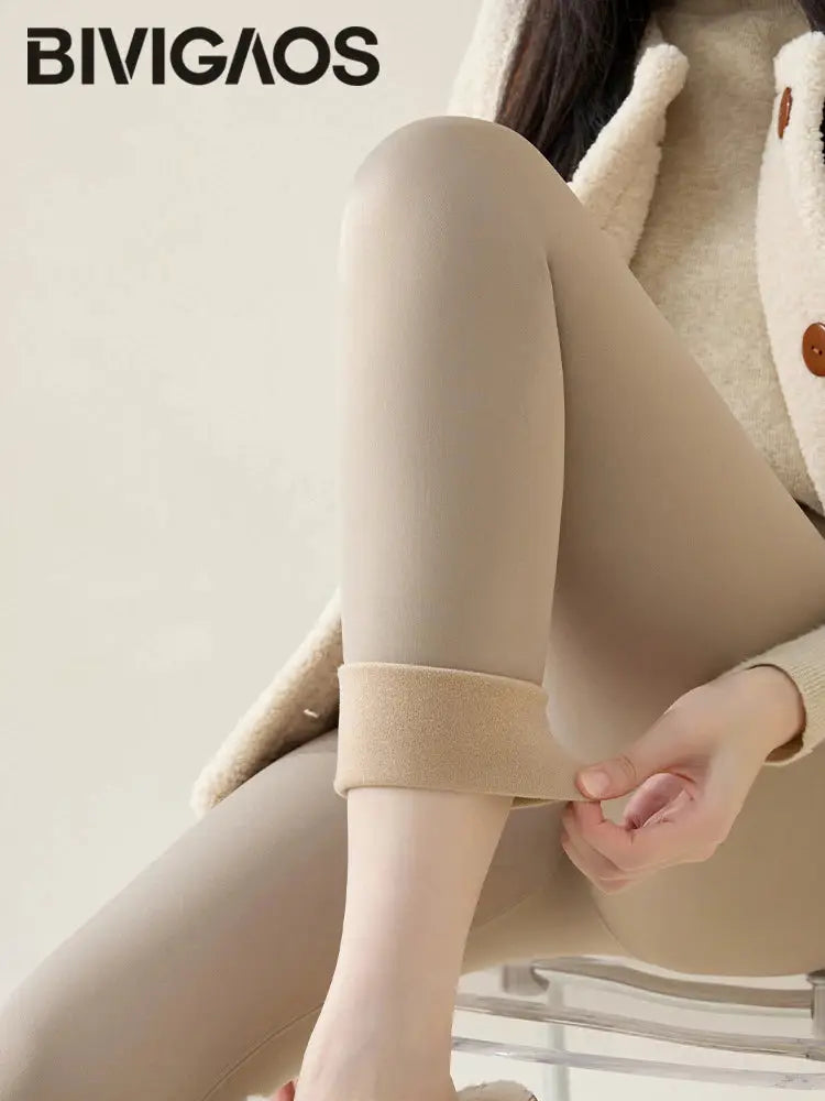 BIVIGAOS beige fleece-lined leggings for women, warm with folded cuff