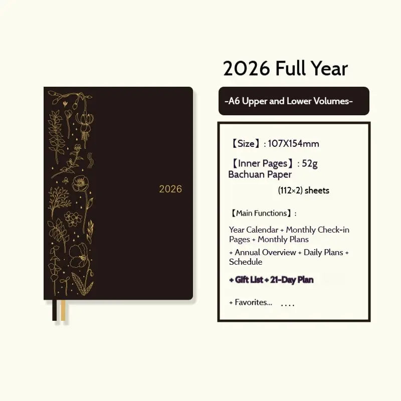 Kinbor 2026 planner notebook with dark brown cover and gold floral accents A6 size