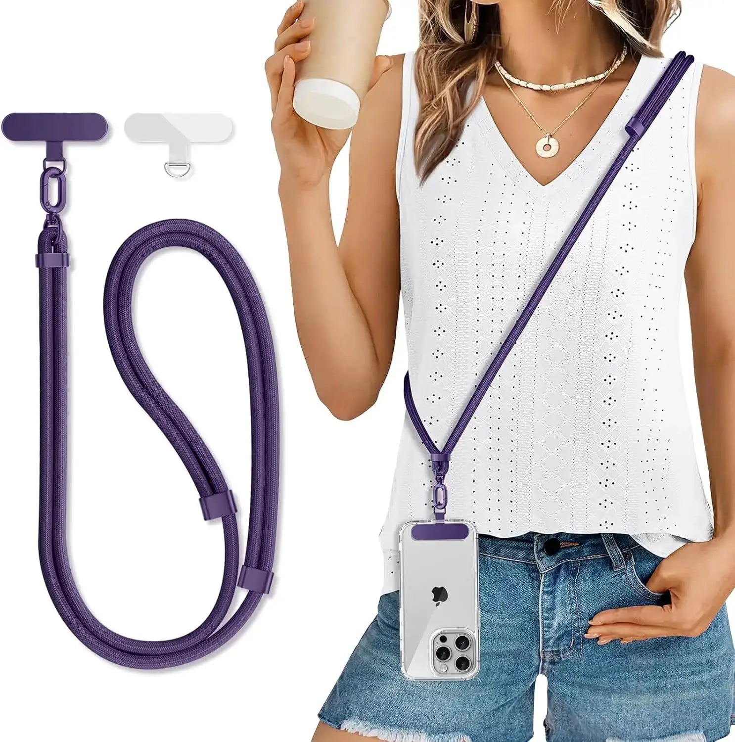 Universal adjustable purple phone lanyard crossbody strap with clip and rope, shown with a phone case