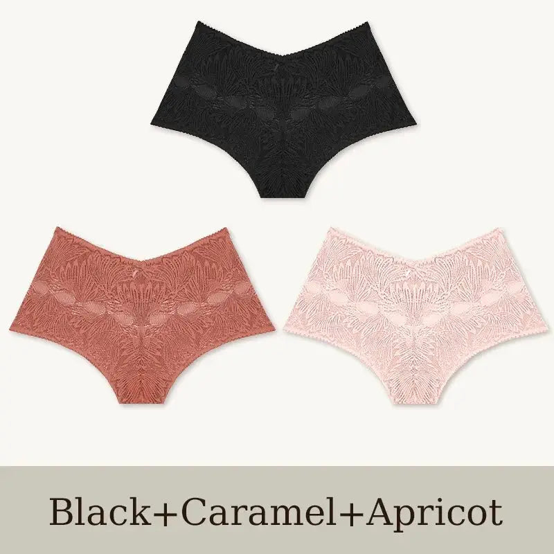 3-pack seamless lace briefs for women in black, caramel, and apricot; low-rise, breathable underwear.