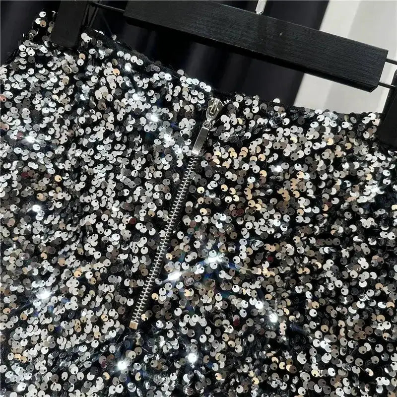 Simples Market black velvet sequin shorts with silver front zipper, clubwear hot pants