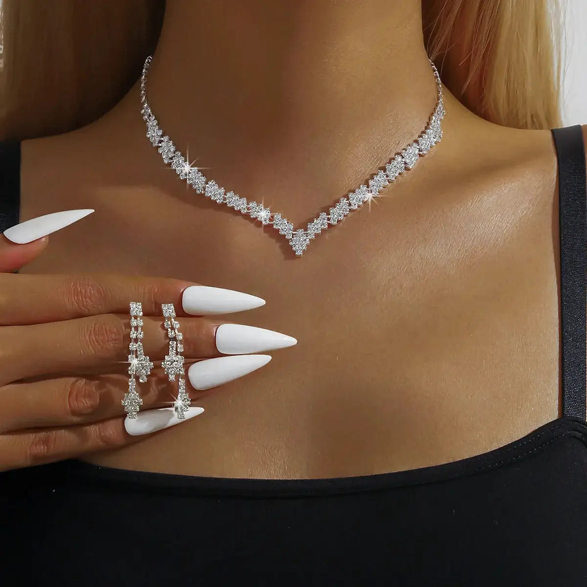 Silver Plated Rhinestone Folding Tassel Jewelry Set Necklace And Earrings For Wedding Gift