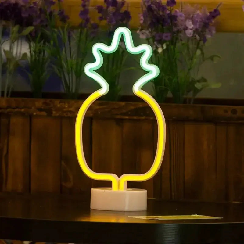 Pineapple neon LED sign lamp with green crown and yellow body on a white base, USB powered decor for home or kids room