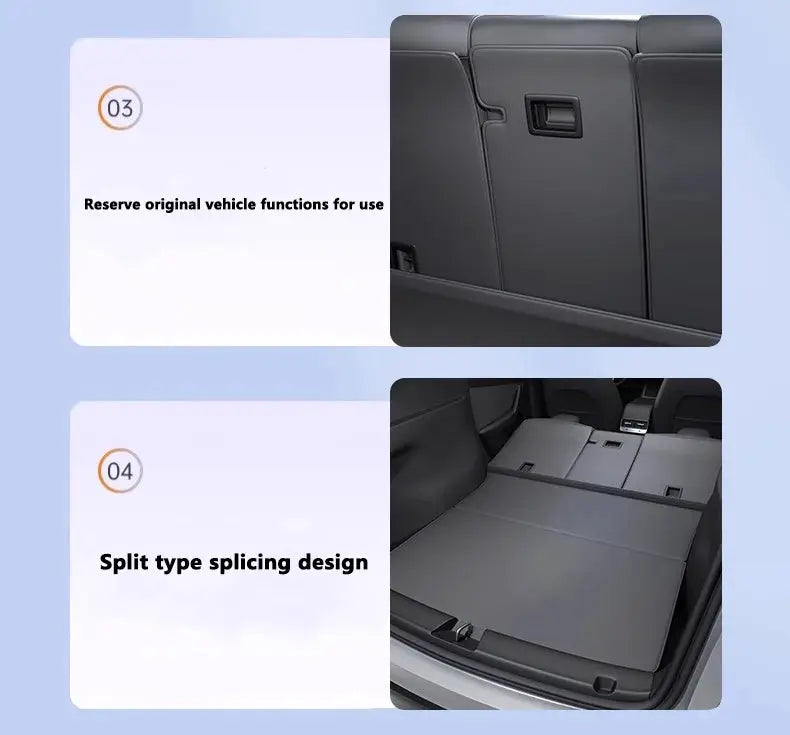 Simples Market Juniper trunk mat for Tesla Model Y, full-coverage cargo liner with side guards and seat-backrest pad