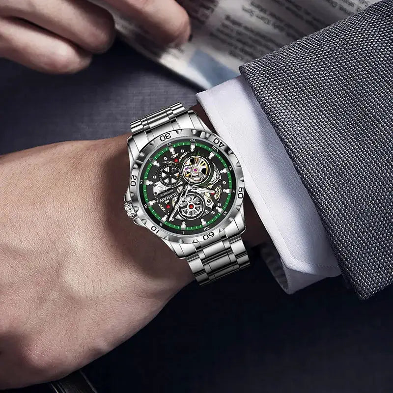 GLENAW skeleton men's automatic watch with stainless steel bracelet and green bezel