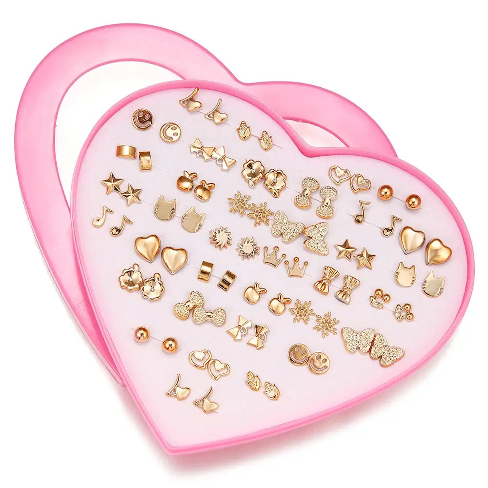 36-pair gold-tone stud earrings set in a pink heart-shaped case with snowflake, cat, butterfly, heart and bow designs