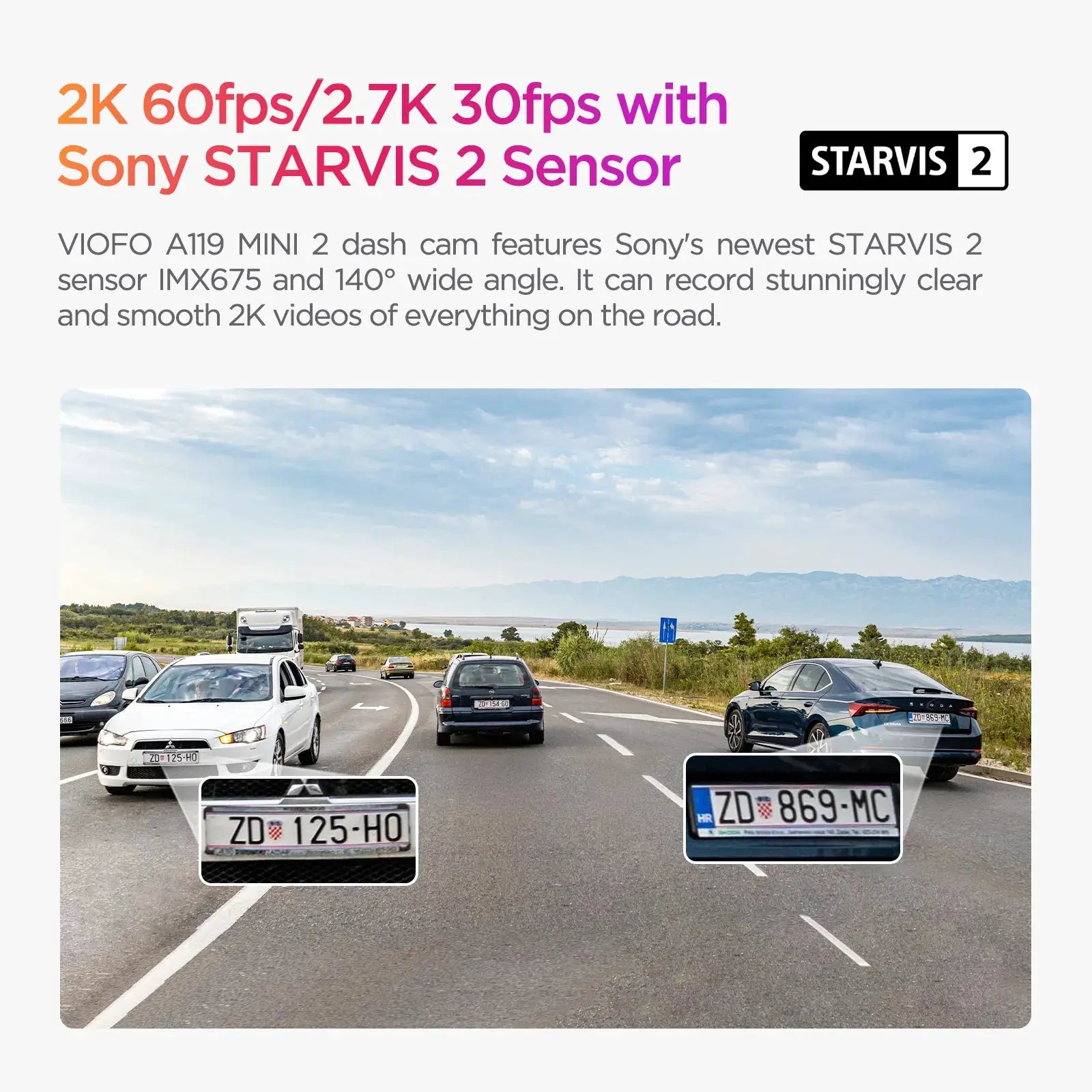 VIOFO A119MINI-2 dash cam banner with StarVIS 2 sensor; highway scene with cars and two inset license plates.