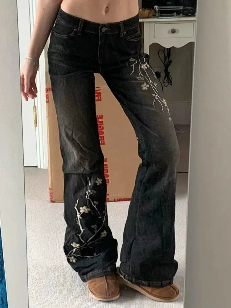 Weekeep Floral Embroidery Jeans Y2K Vintage Low Rise Flared Denim