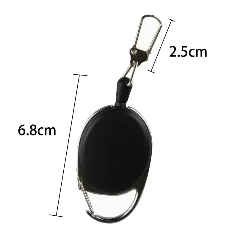 Retractable key chain reel badge holder, black oval with quick-release clip