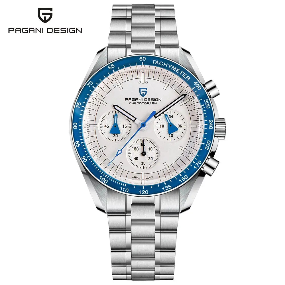 Pagani Design 1701 V5 men's chronograph watch with white dial, blue tachymeter bezel, and stainless steel bracelet.
