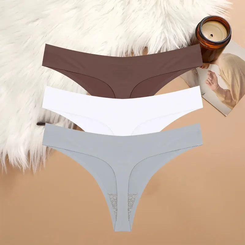 3-piece set of breathable seamless G-string underwear in brown, white and gray by Simples Market