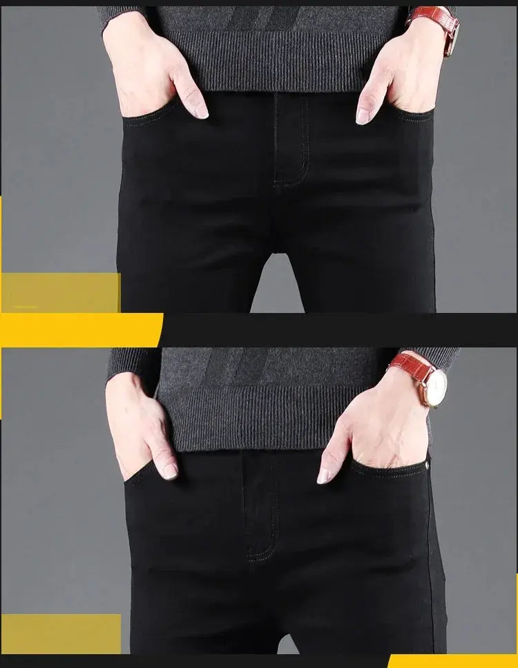 Men's black denim slim jeans with elastic straight-leg fit by Simples Market