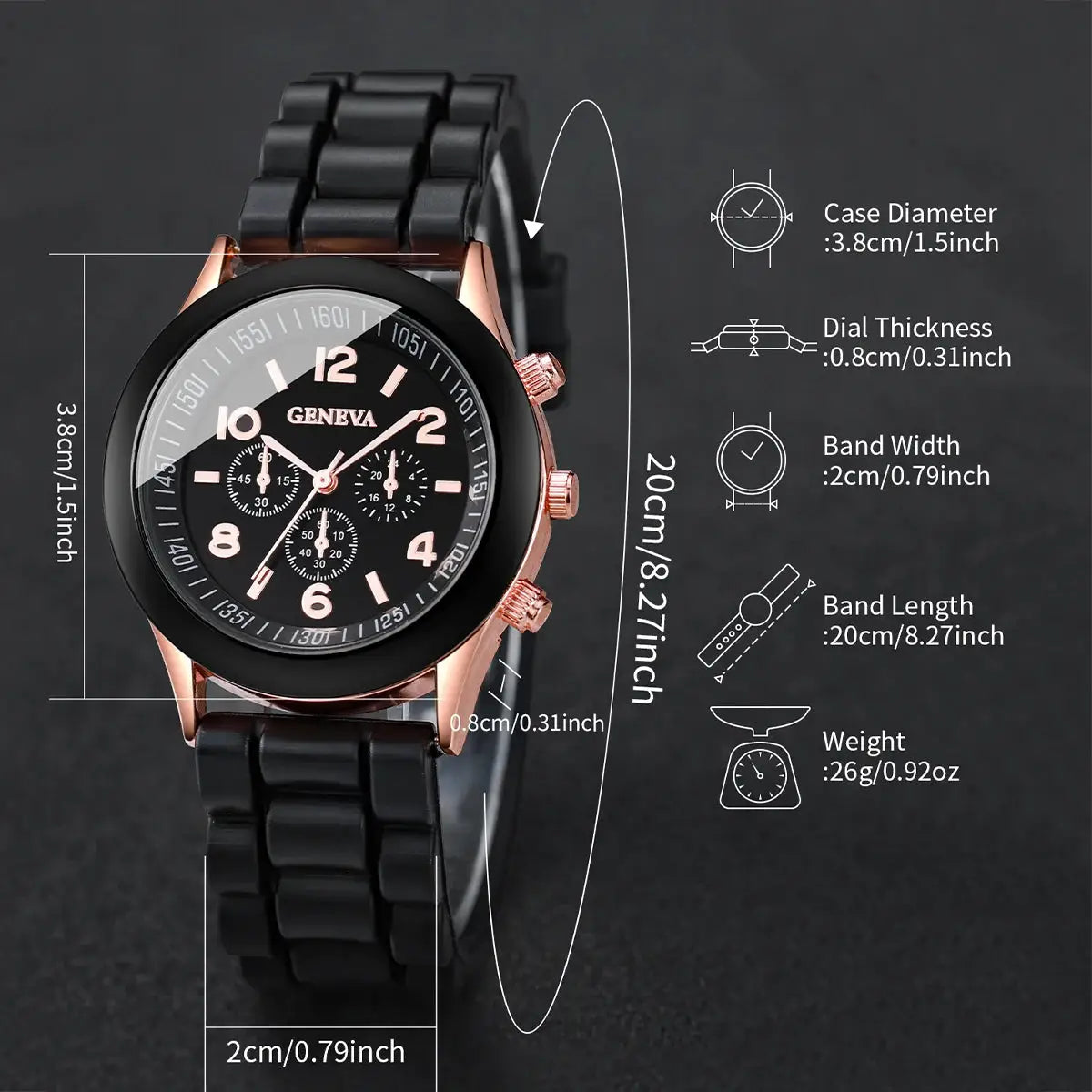 GRNEVA women's watch set (5/6 pcs) with silicone band, rose-gold case, black chronograph dial