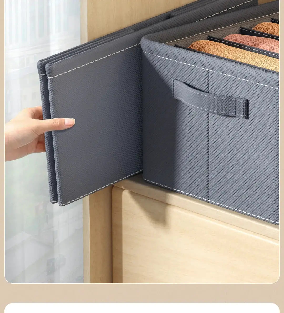 Pants storage box by Simples Market, foldable gray 9-grid organizer for jeans and shirts.