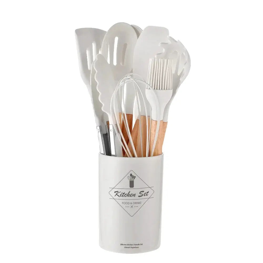 ChefGlow 12-Piece Silicone Kitchen Utensil Set With Nonstick Heat-Resistant Heads And Wooden Handles