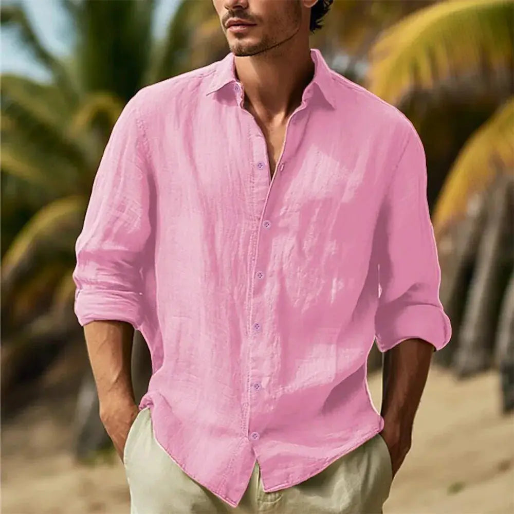 Men's cotton linen shirt in pink with turn-down collar, lightweight, breathable, casual style with rolled-up sleeves.