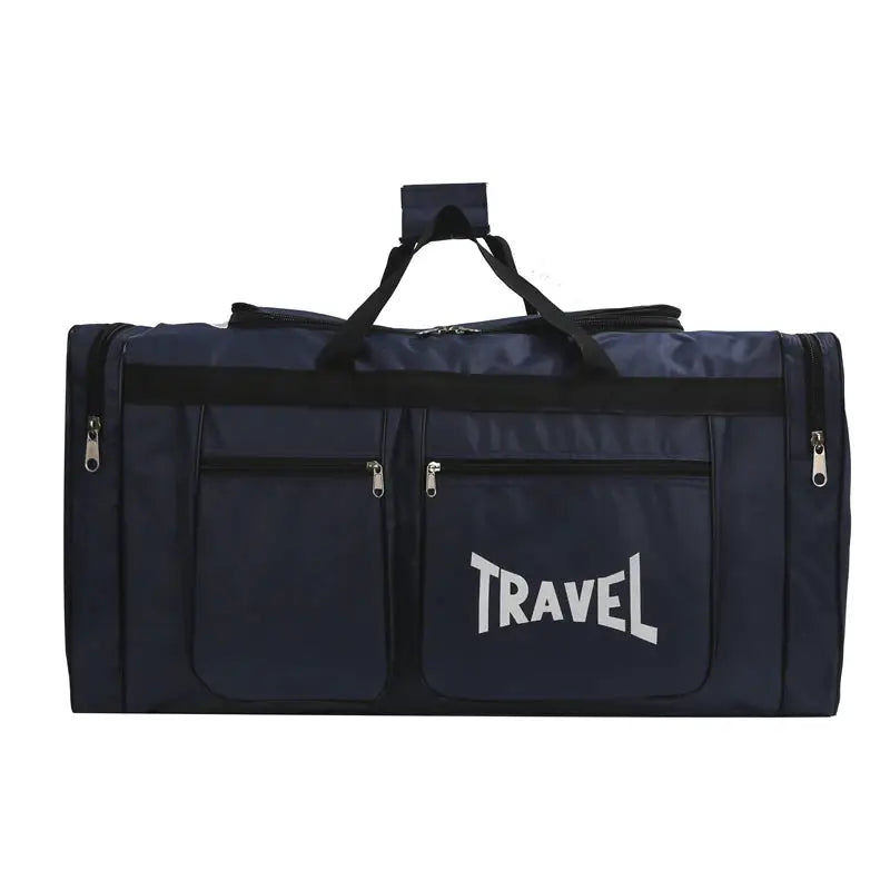 Large capacity travel luggage bag by Simples Market, navy blue with multiple zip pockets and top carry handles