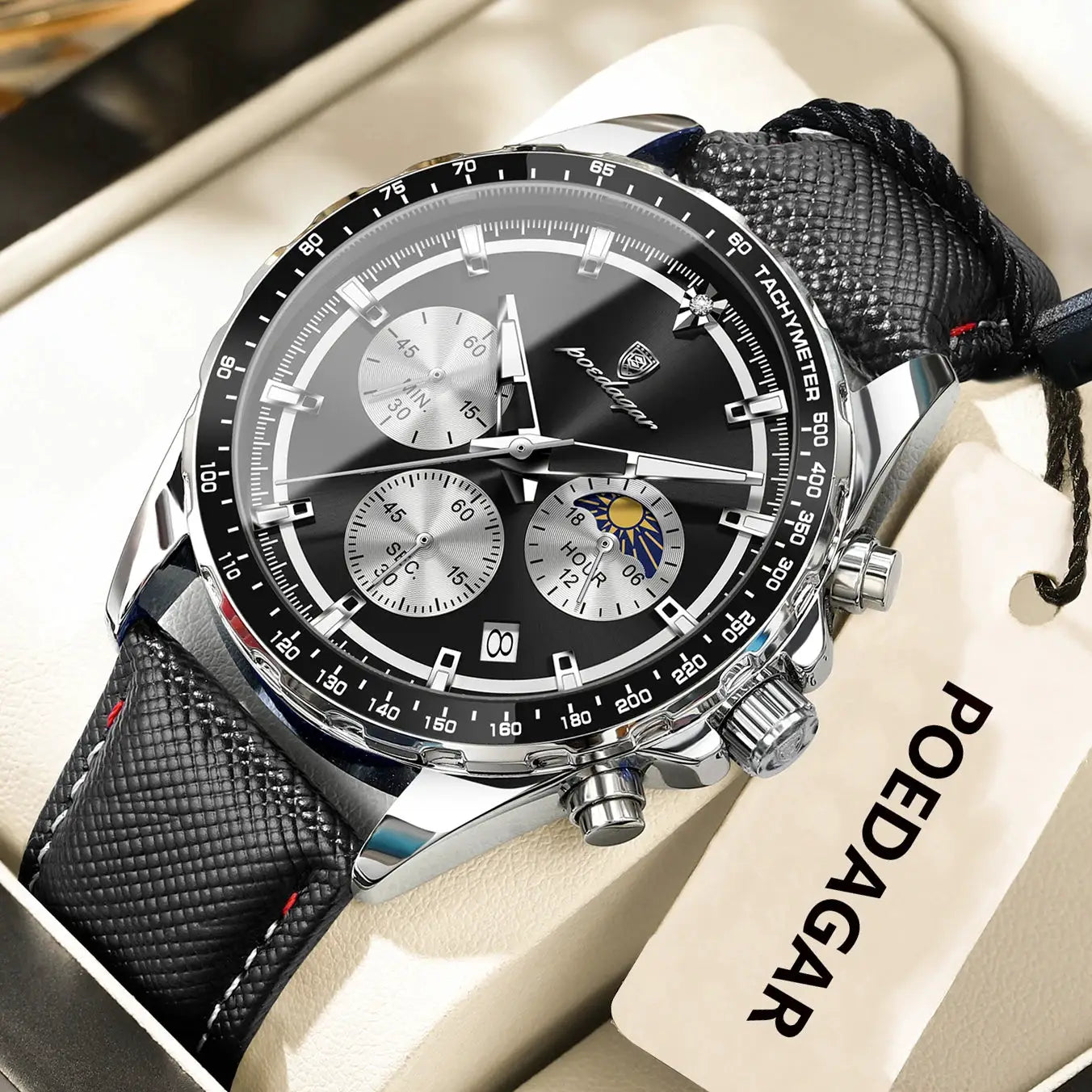 POEDAGAR men's chronograph wristwatch with black dial, luminous hands, tachymeter bezel, date window, leather strap