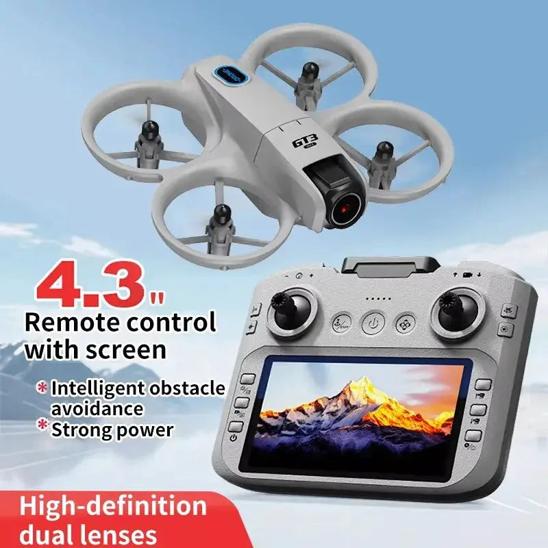 Simples Market GT3 Max drone with 4.3-inch remote control and white quadcopter with circular prop guards.