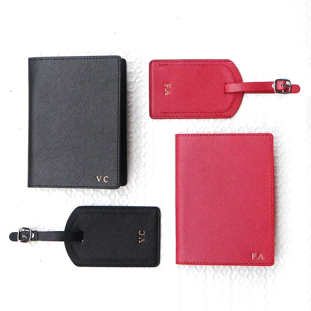 Travel passport cover and luggage tag set, 4 pieces in black and red faux leather with VC/FA initials