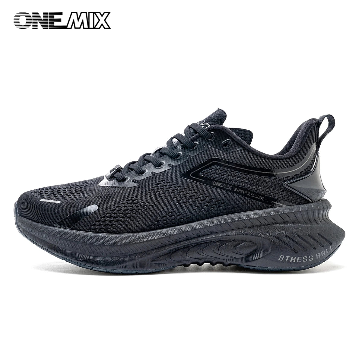 ONEMIX men's breathable running shoes, black athletic sneakers with lightweight mesh upper and cushioned sole.